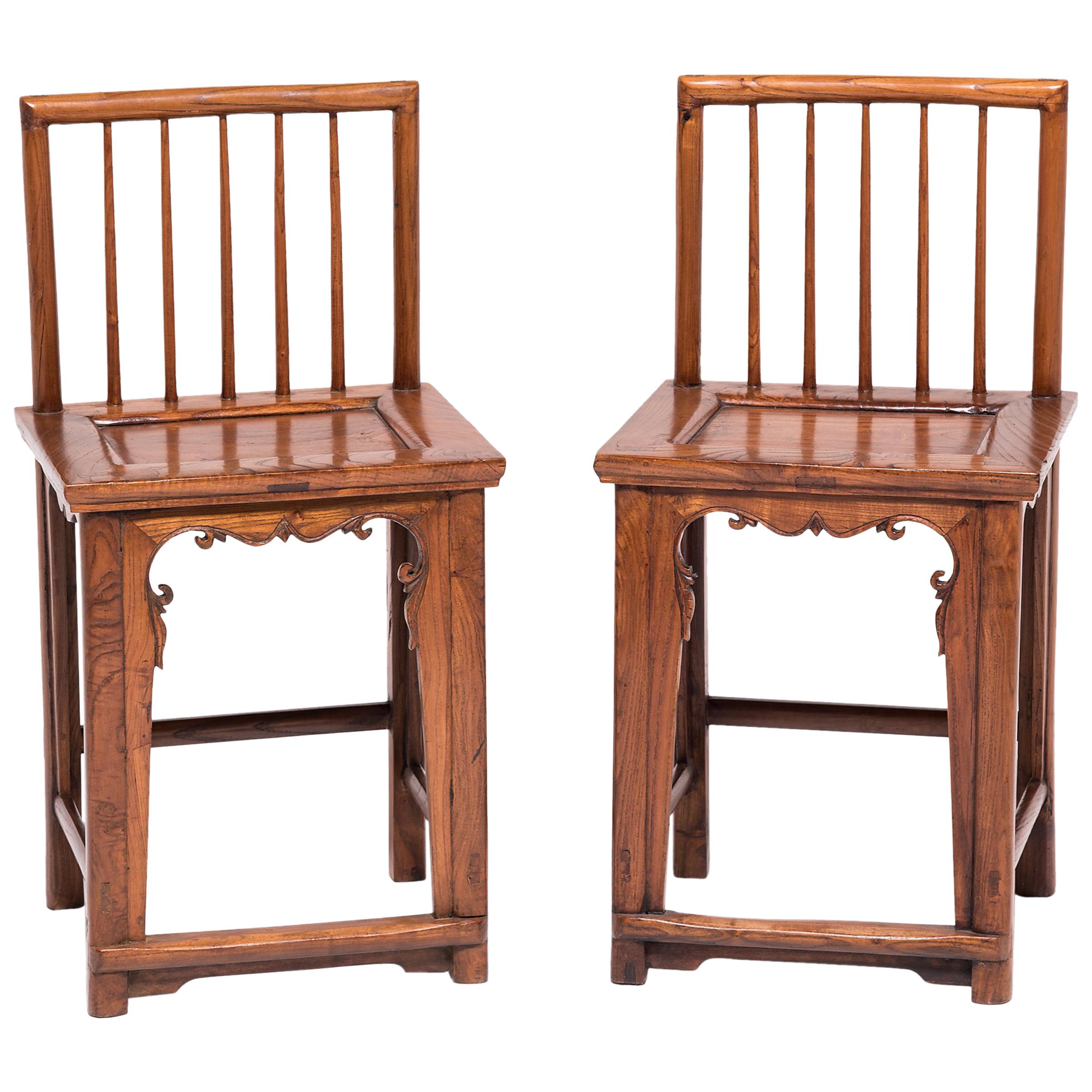 Pair of Chinese Walnut Spindleback Chairs, c. 1900 For Sale