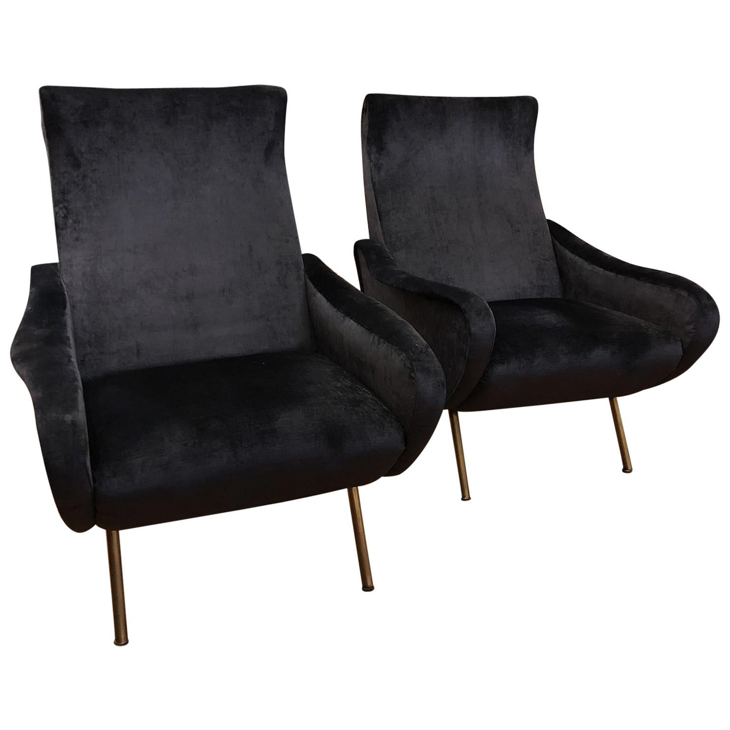 20th Century Couple Armchairs Bluegray Velvet 1960 Italian Design For Sale