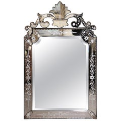 Early 20th Century Italian Overlay Venetian Mirror with Painted Floral Etching