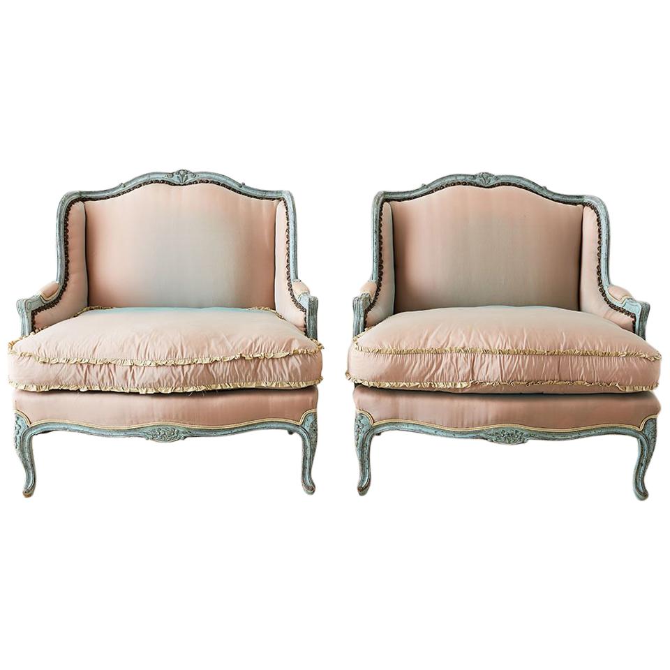 Pair of Louis XV Style Marquise Winged Bergère Armchairs