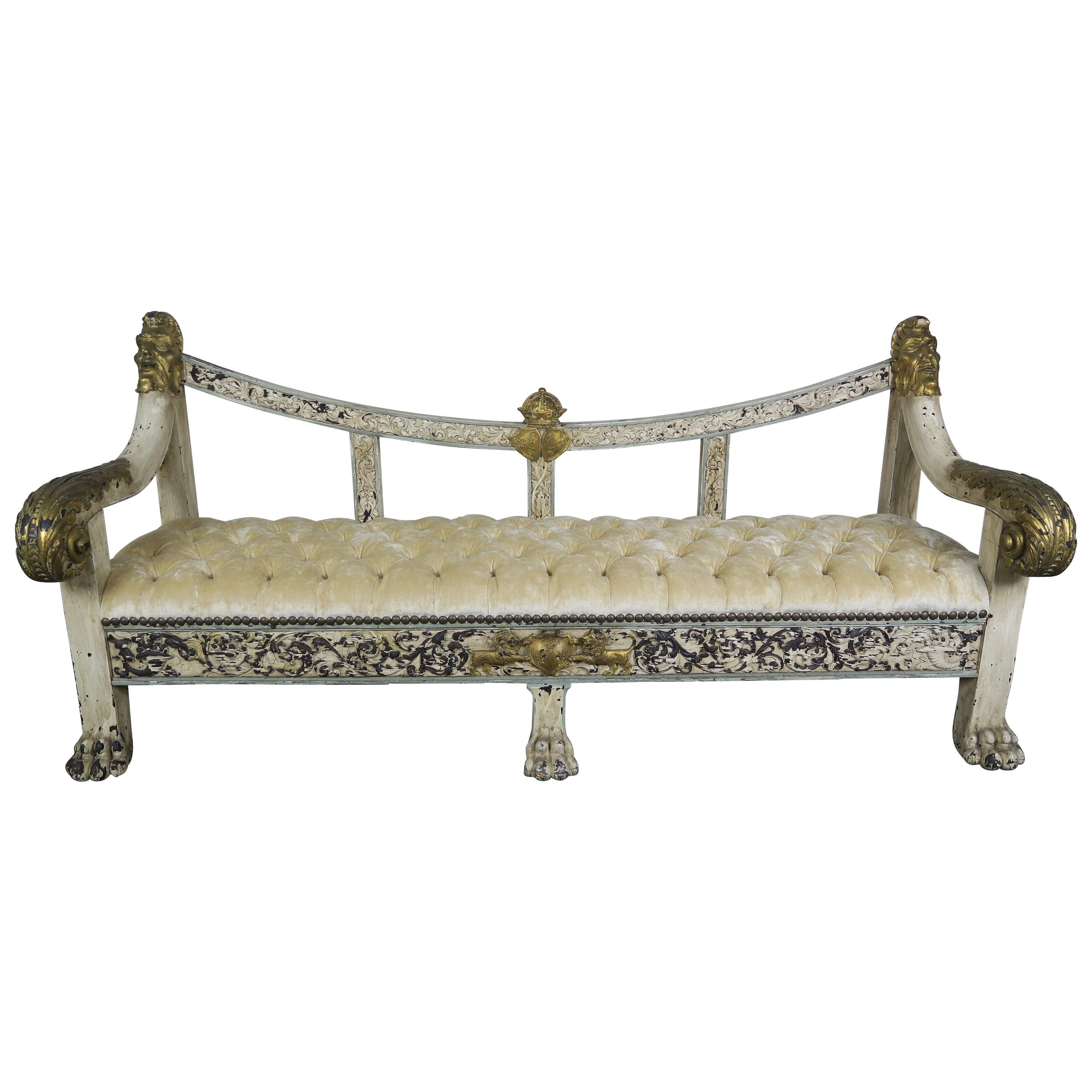 19th Century Spanish Baroque Painted and Parcel-Gilt Bench with Lion Feet