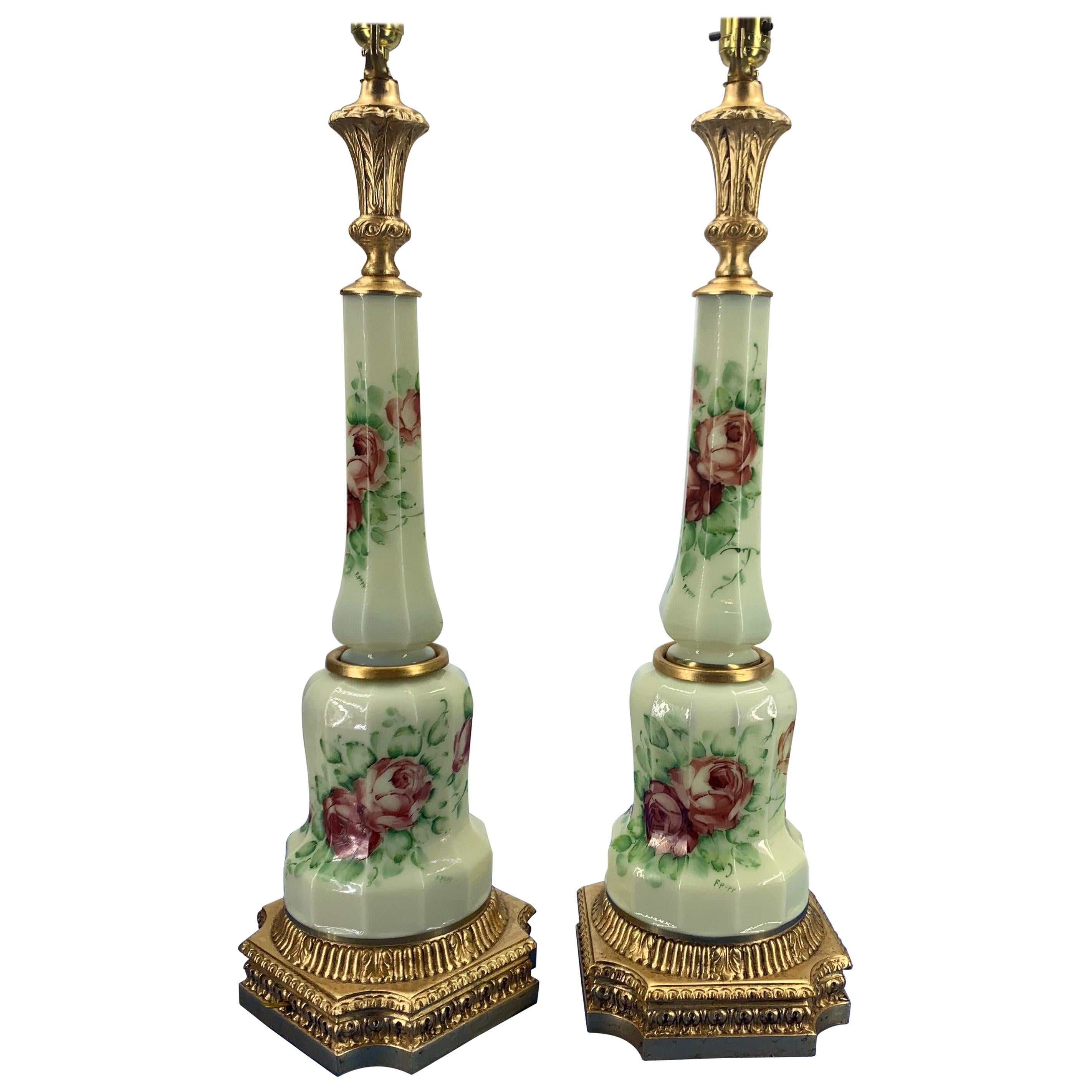 Pair Of Antique French Faceted Flower Decorated And Signed Opaline Table Lamps
