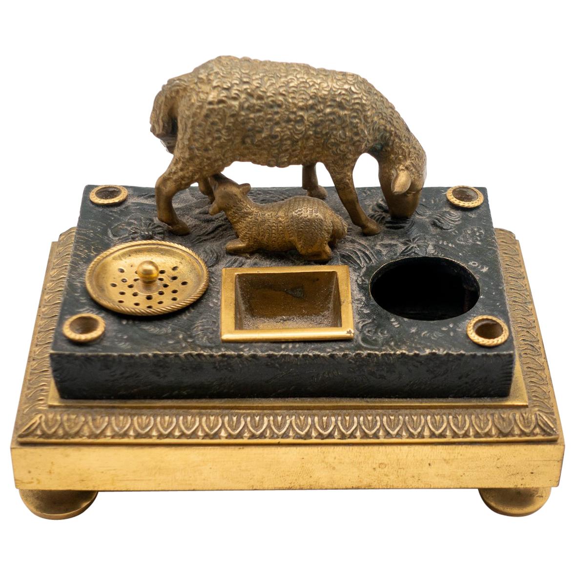 Gilded Bronze French Inkwell of and Sheep and Its Lamb, Early 19th Century