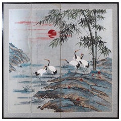 Japanese Four-Panel Kano School Manchurian Crane Screen