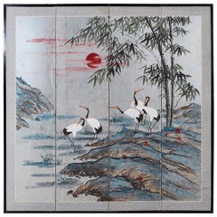 Vintage Japanese Four-Panel Kano School Manchurian Crane Screen