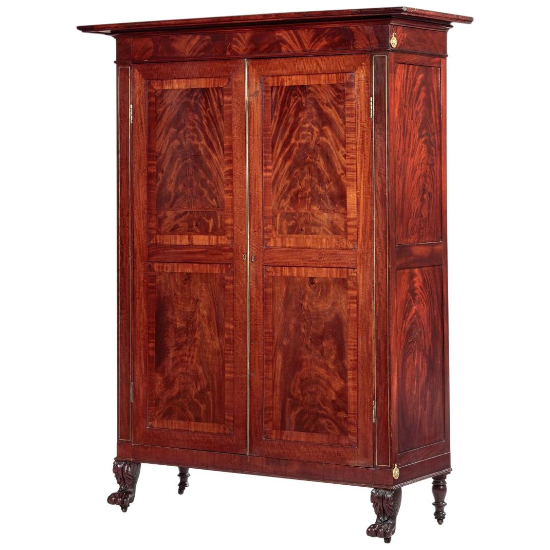 Brass-Inlaid Carved Mahogany Armoire or Wardrobe For Sale