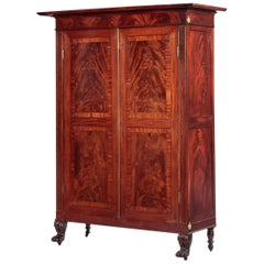 Brass-Inlaid Carved Mahogany Armoire or Wardrobe
