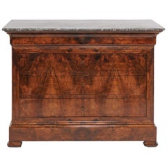 French Dark Burled Walnut Louis-Philippe 1860s Commode with Grey Marble Top