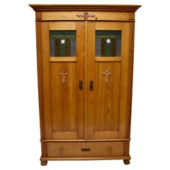 Pine Two-Door Armoire with Art Glass Panels