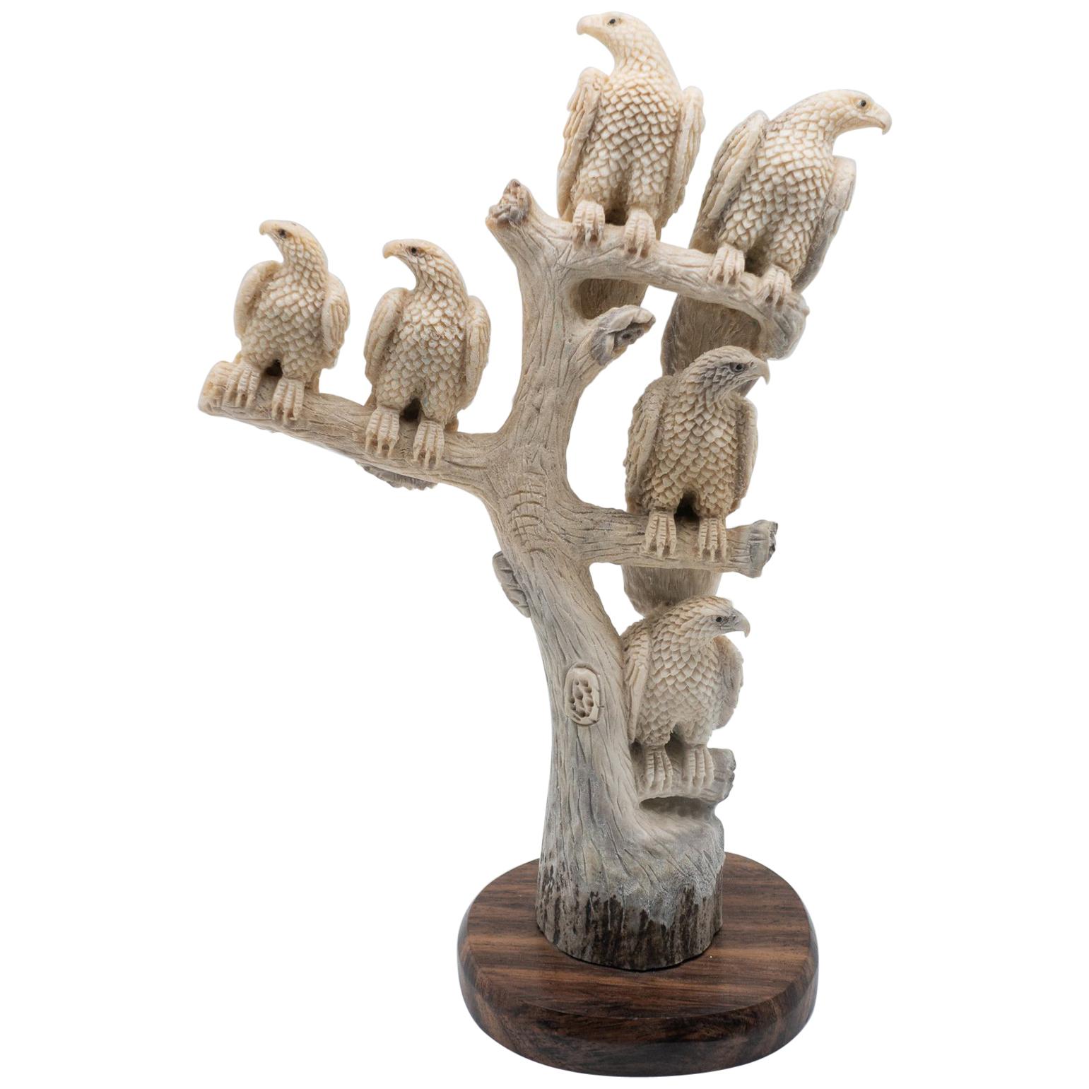 Large North American Moose Antler Carving of Perched Eagles Mounted on Wood Base