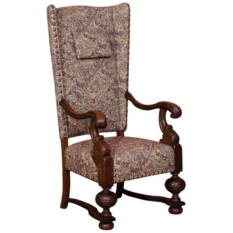 Antique Danish Baroque Oak Wingback Chair