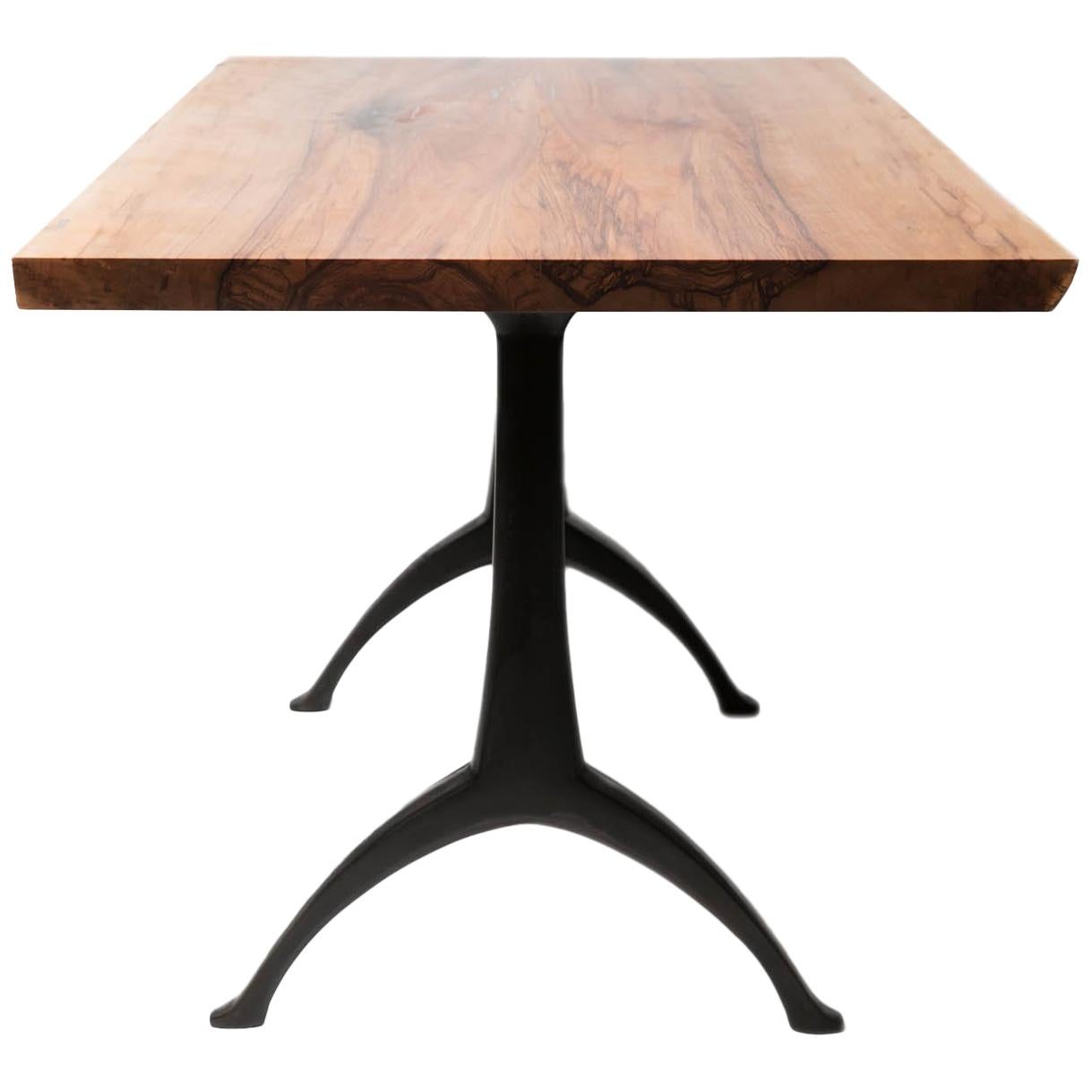 Live Edge "Satin Walnut" Table on Cast Pedestal Black Wishbone Base For Sale