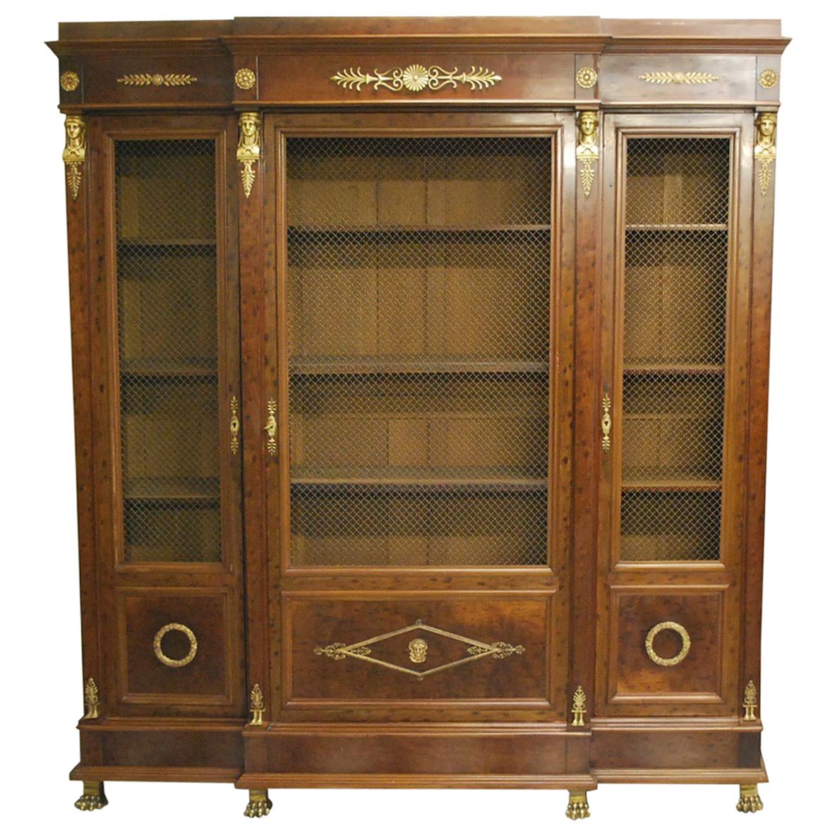 Antique Mahogany French Empire Period Breakfront Bookcase or Bibliotheque For Sale