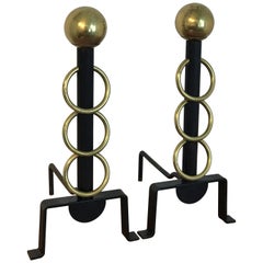 Pair of French Modern Brass and Iron Andirons