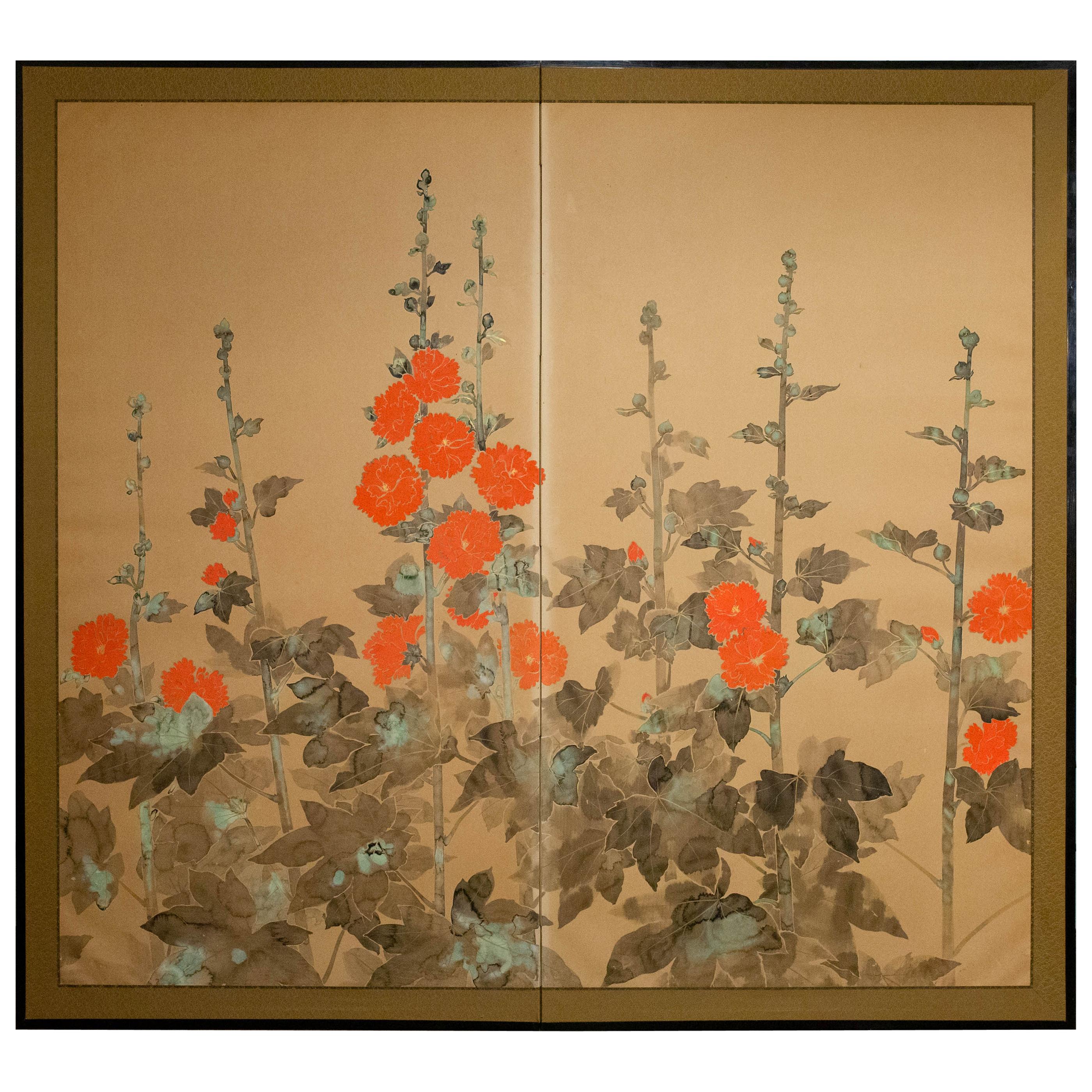 Japanese Two-Panel Screen, Rimpa Style Painting of Hollyhocks For Sale