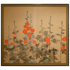 Antique Japanese Two-Panel Screen, Rimpa Style Painting of Hollyhocks