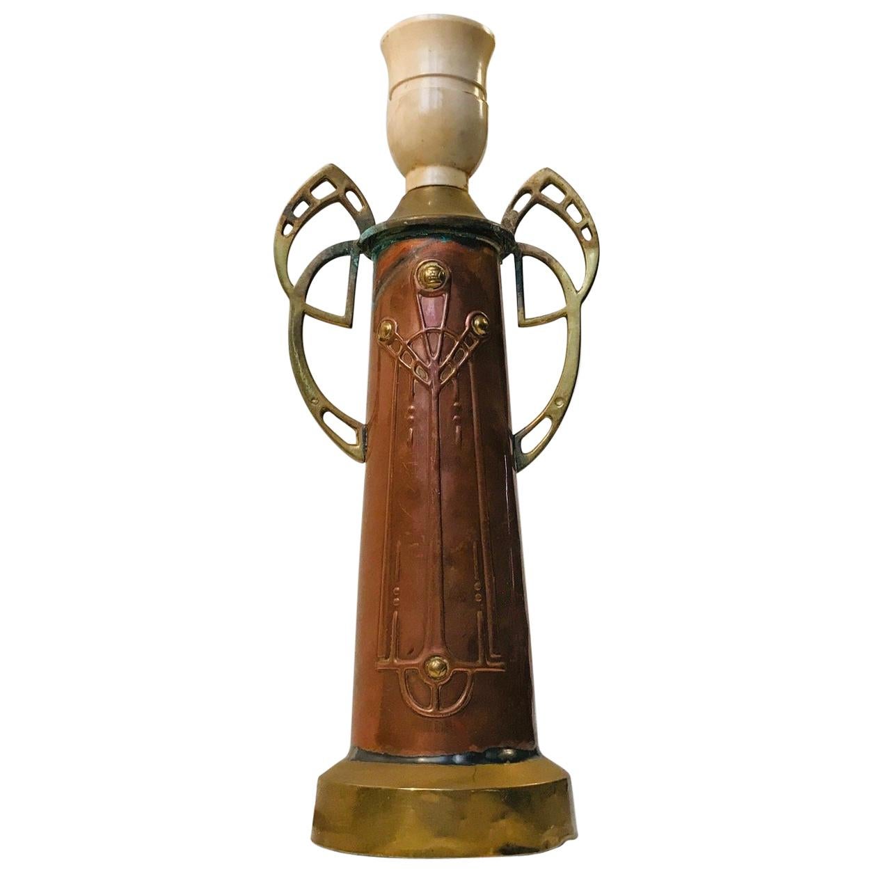 Antique Jugendstil Table Lamp in Copper and Brass, Signed, 1910s