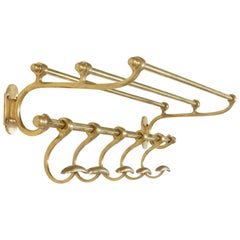 Antique Early 20th Century French Brass Train Rack with Five Sliding Hooks and Hat Rack