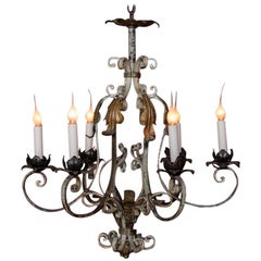 Antique Country French Six-Light Iron Chandelier with Original Paint