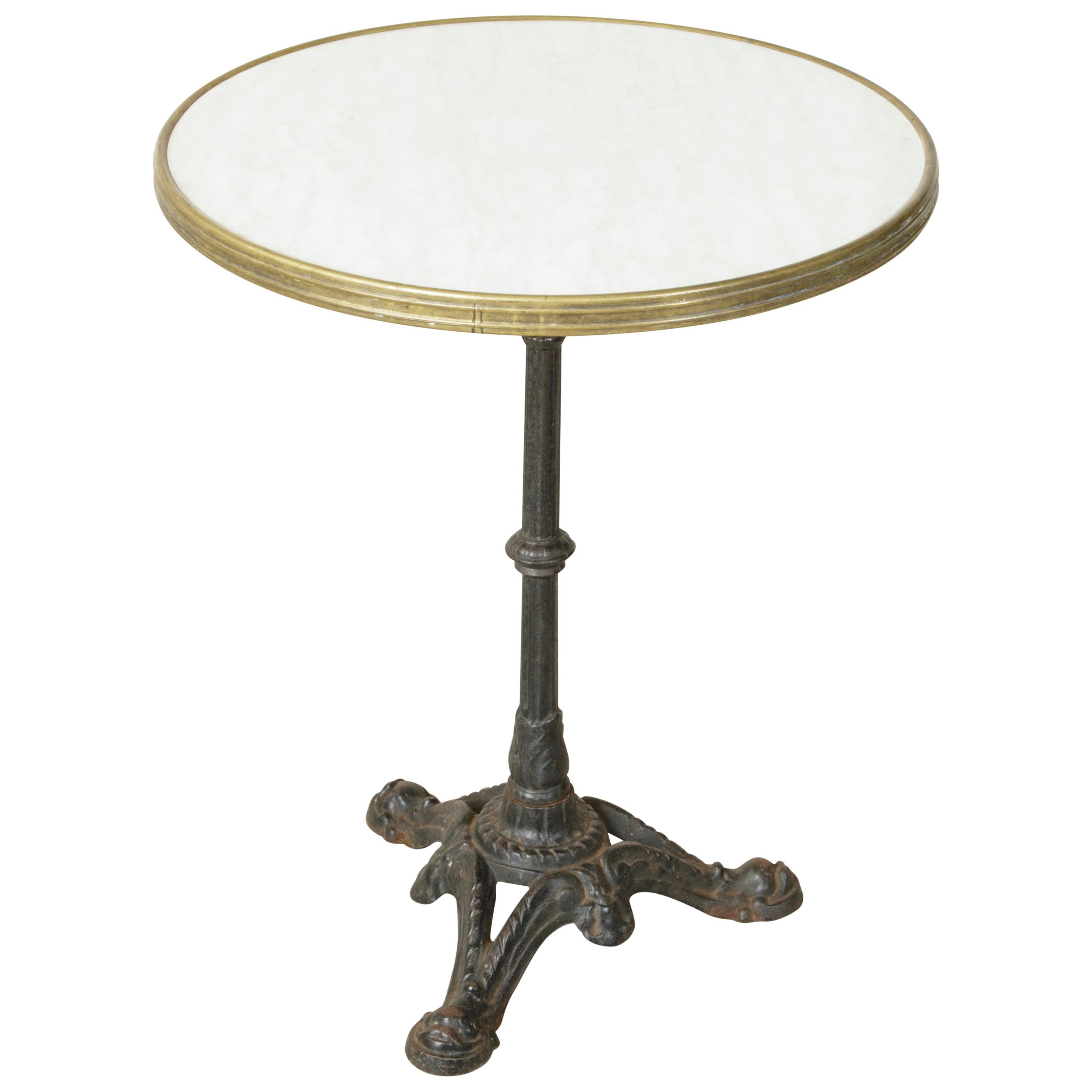 Mid-20th Century French Iron Bistro Table with Faux Marble-Top and Brass Trim
