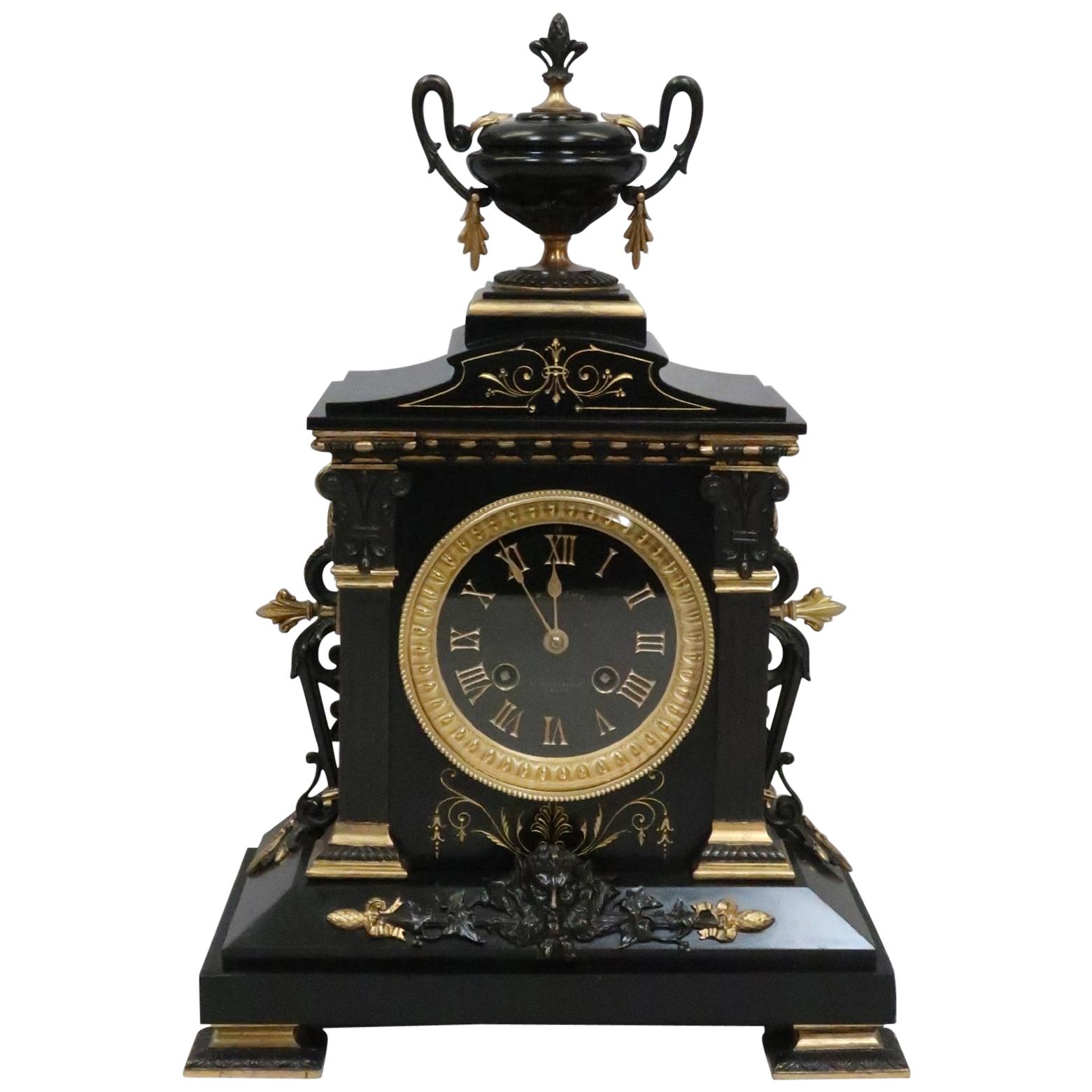 French Neoclassical Style Black Slate and Bronze Gilt Mantel Clock