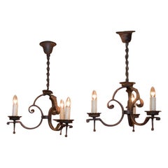 Pair of Antique 19th Century Three-Arm Iron Chandeliers