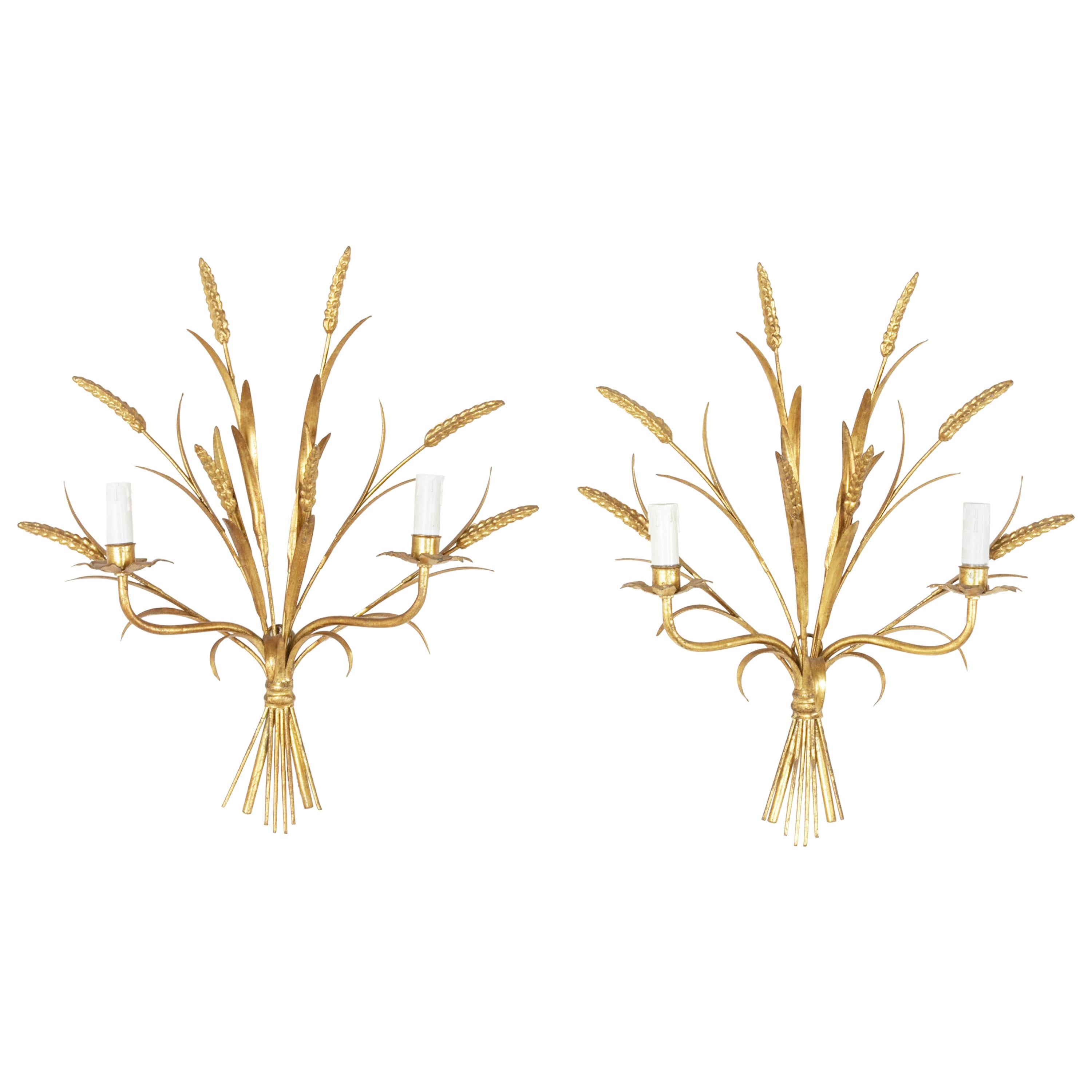 Pair of Mid-20th Century Large Italian Gilt Metal Wall Sconces with Wheat Motif