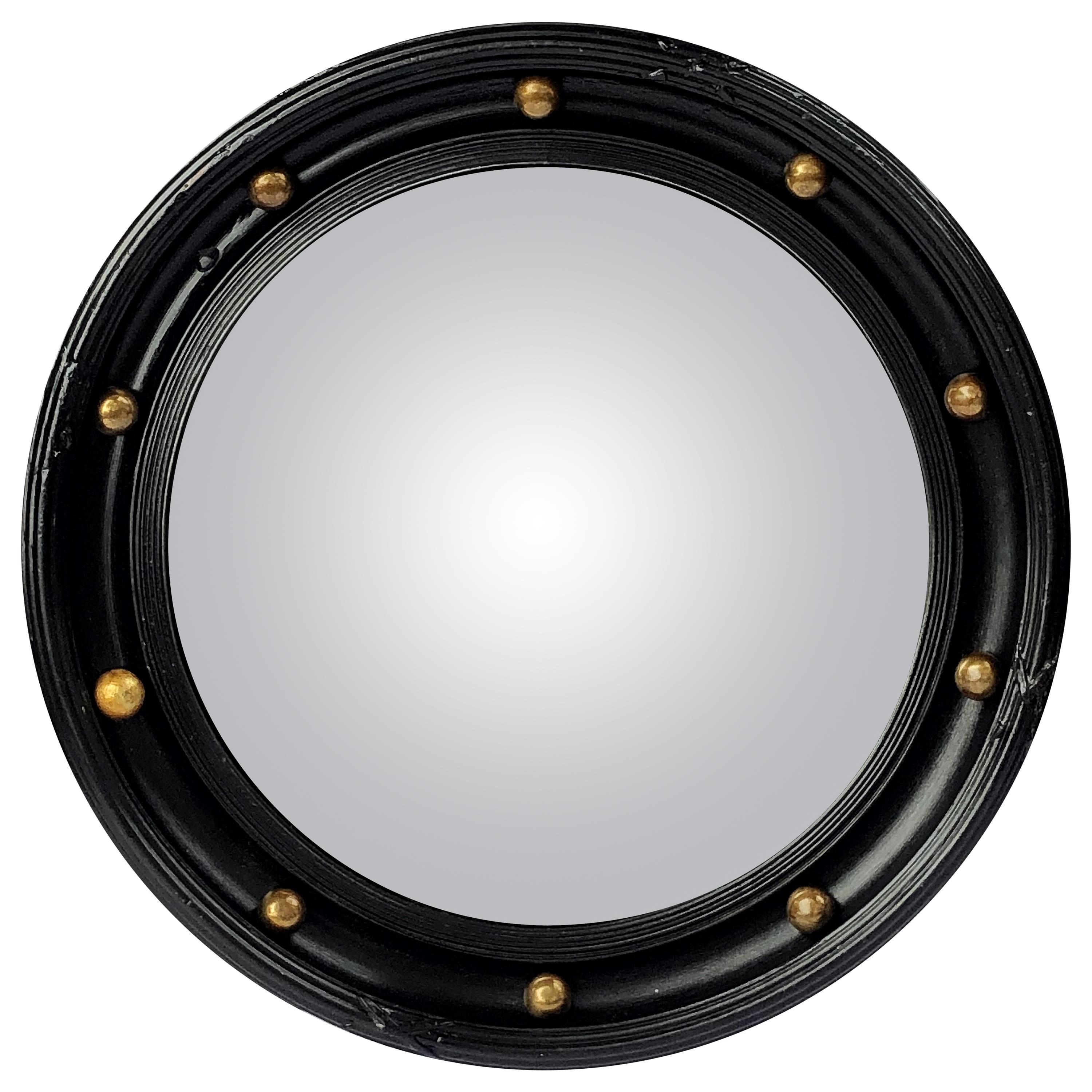 English Round Ebony Black and Gold Framed Convex Mirror (Diameter 15 1/2)