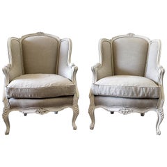 Pair of 20th Century Louis XV Style Wingback Chairs Belgian Linen Upholstery