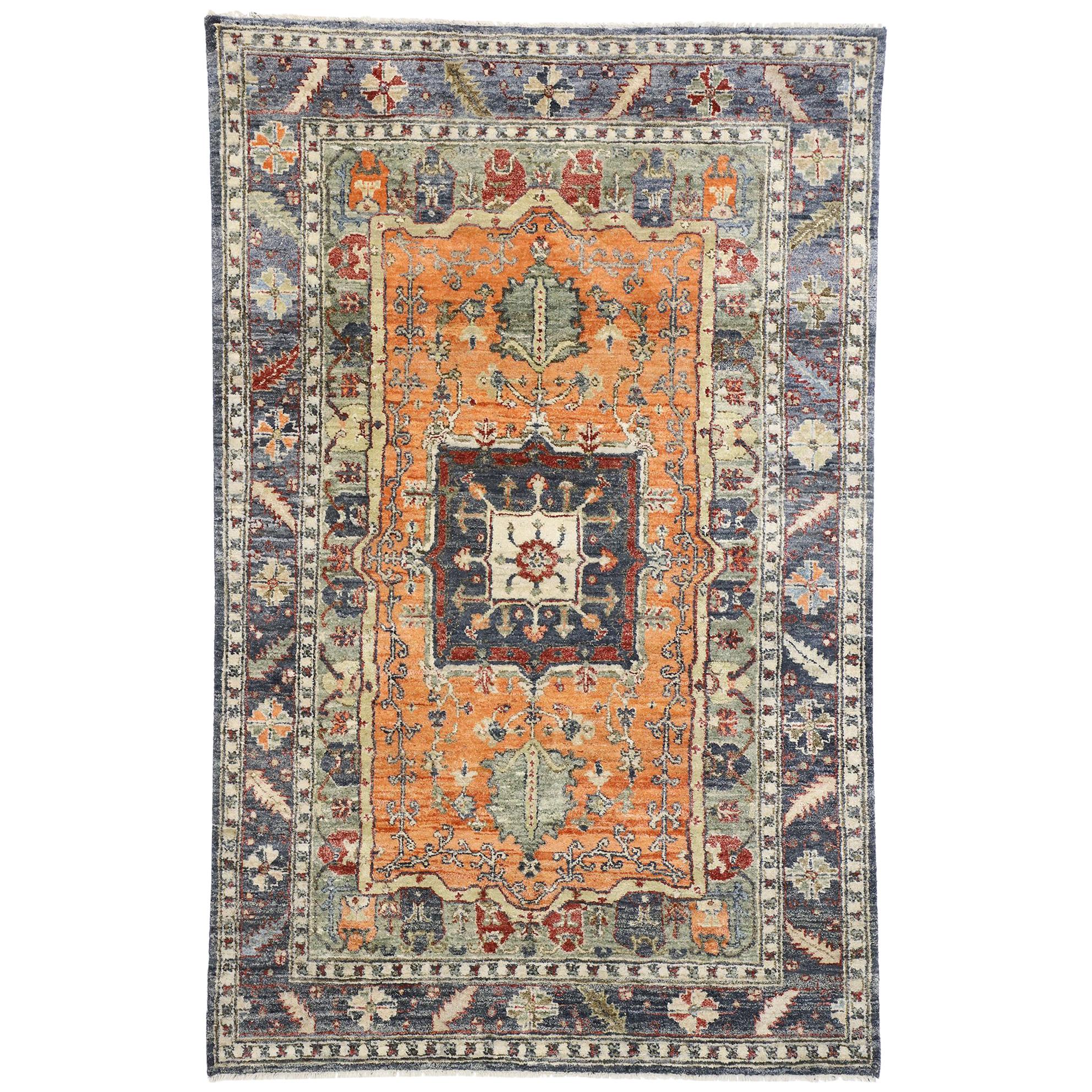 Contemporary Silk Area Rug with Heriz Pattern and Arts & Craft Artisan Style For Sale