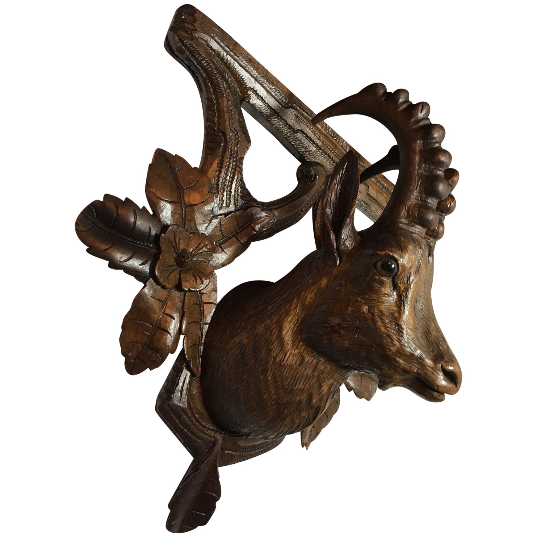 Hand Carved from the Swiss Black Forest Regions Ibex Wall Decoration Shelf For Sale