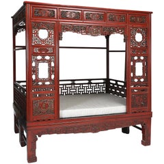 Antique Red Lacquer Gilt Six-Posted Carved Canopy Wedding Bed, Chinoiserie
