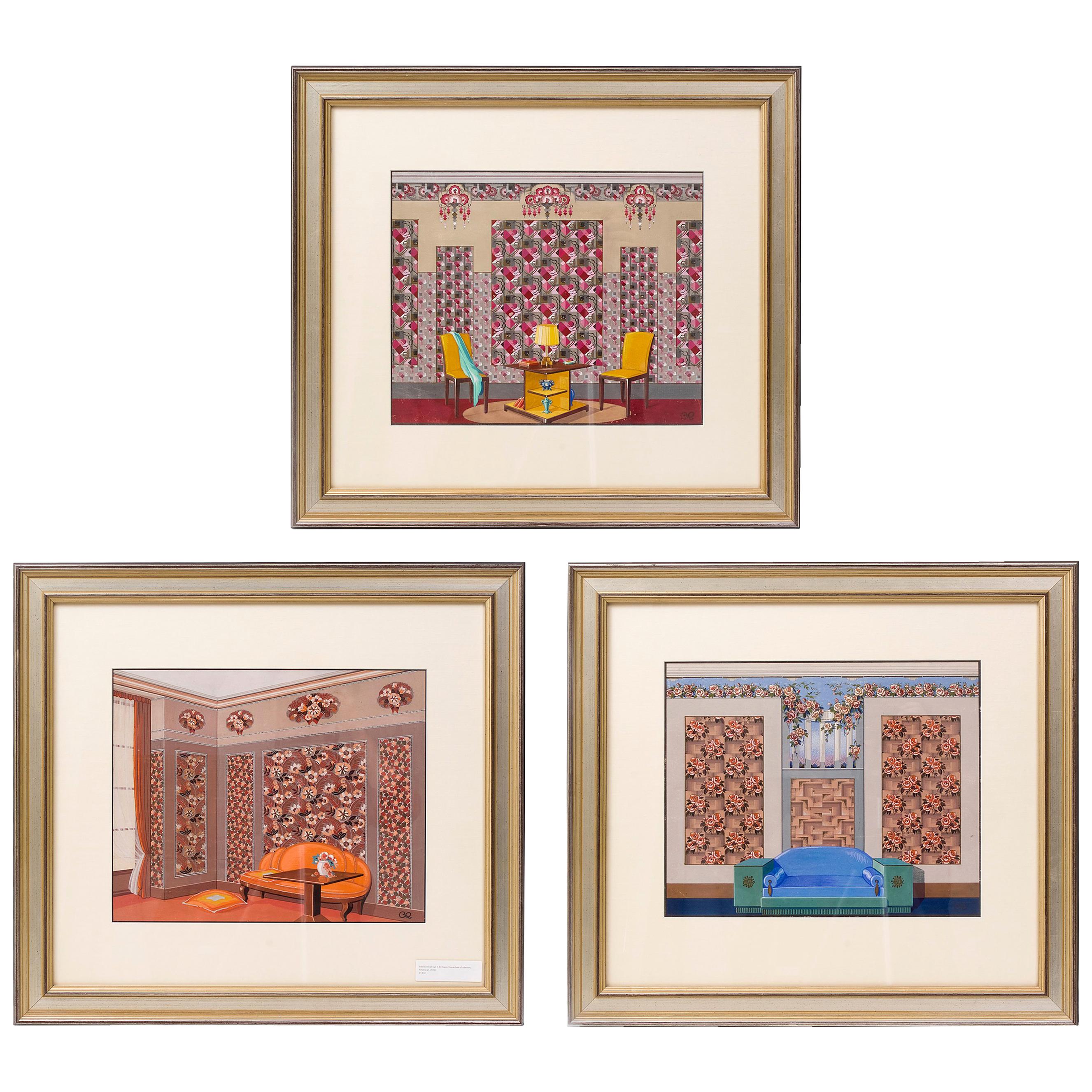 Set of Three American Art Deco Framed Gouaches of Interiors, circa 1930