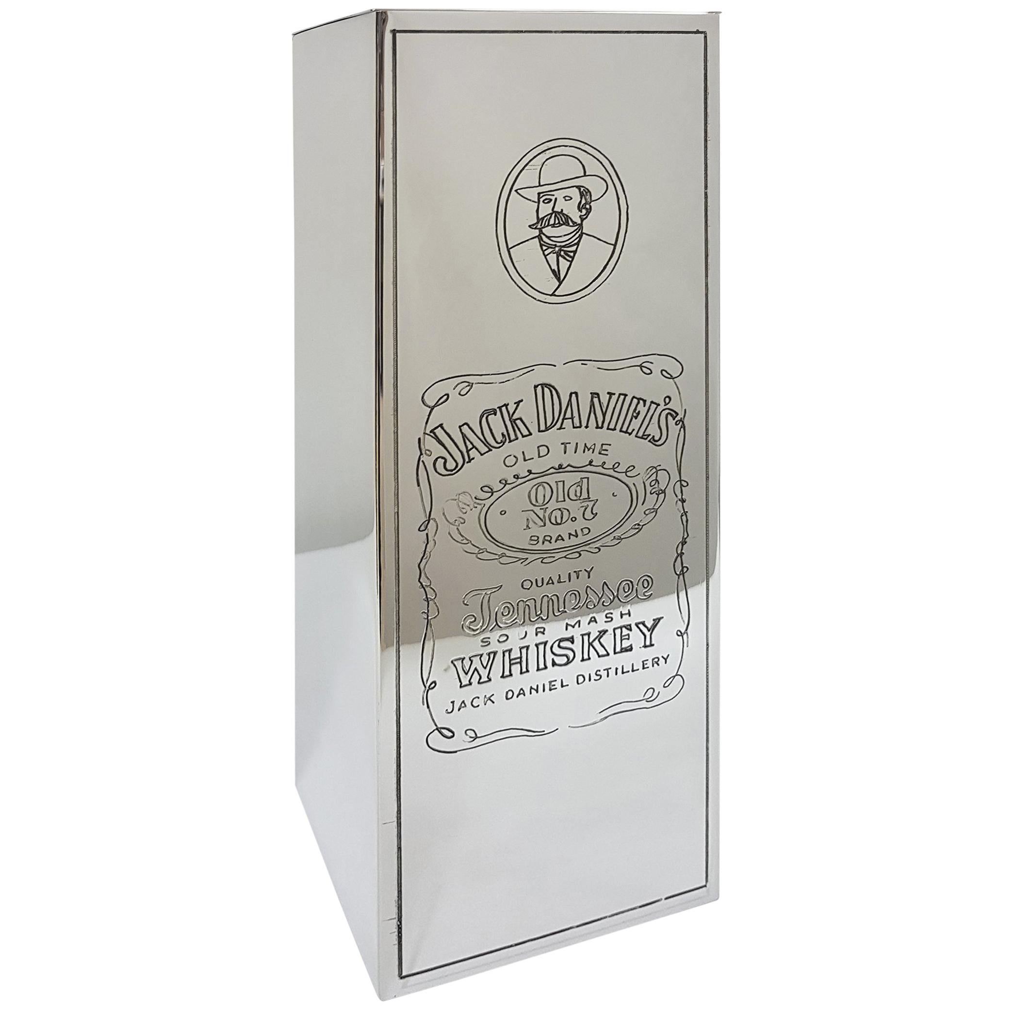 20th Century Italian Silver Engraved Whisky Bottle Holder "Jack Daniel's" For Sale