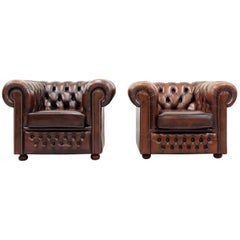 2 Chesterfield Leather Armchair Antique Vintage English Armchair