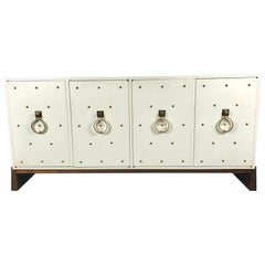 Tommi Parzinger Lacquer and Studded Brass Four-Door Cabinet, Parzinger Originals
