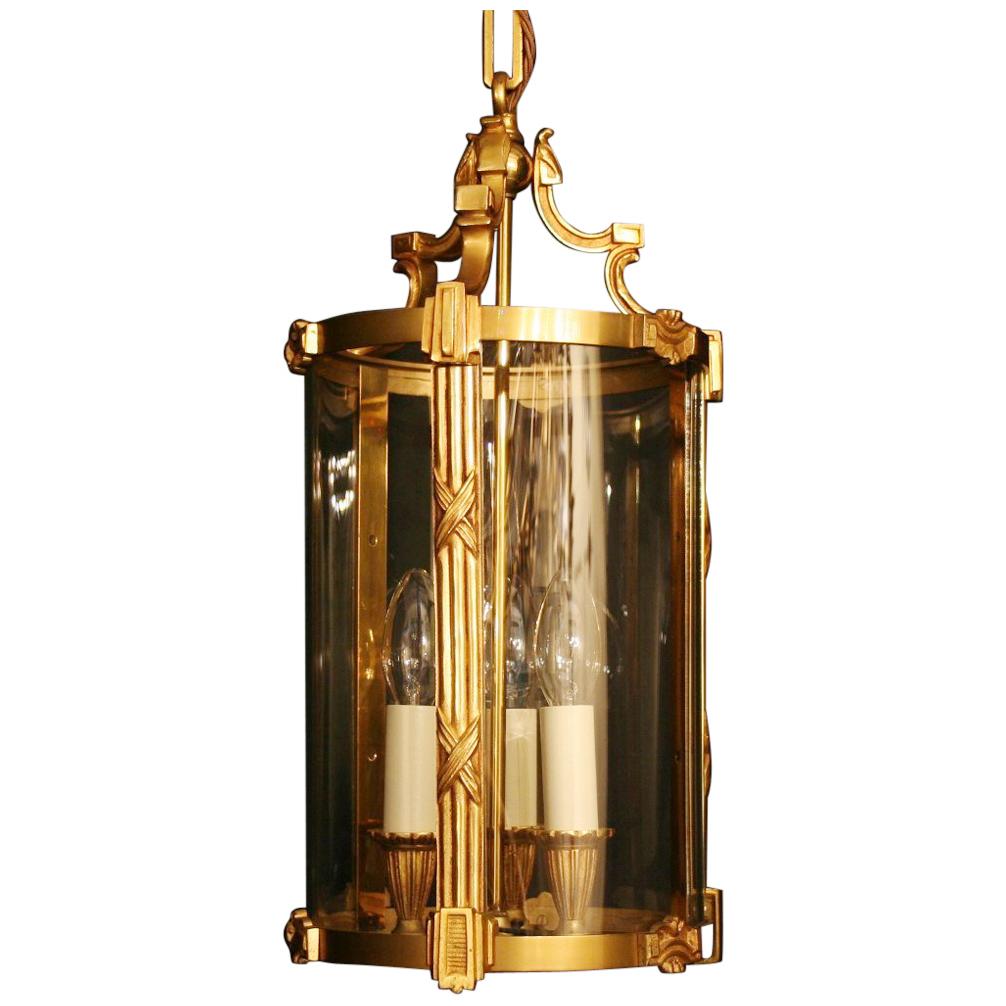 French Gilded Bronze Triple Light Antique Convex Hall Lantern