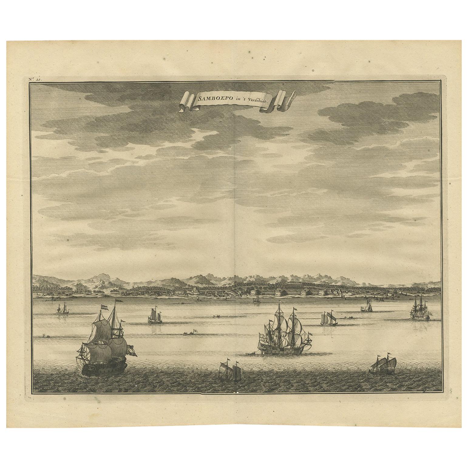 Impression ancienne de Samboepo par Valentijn, 1726 en vente