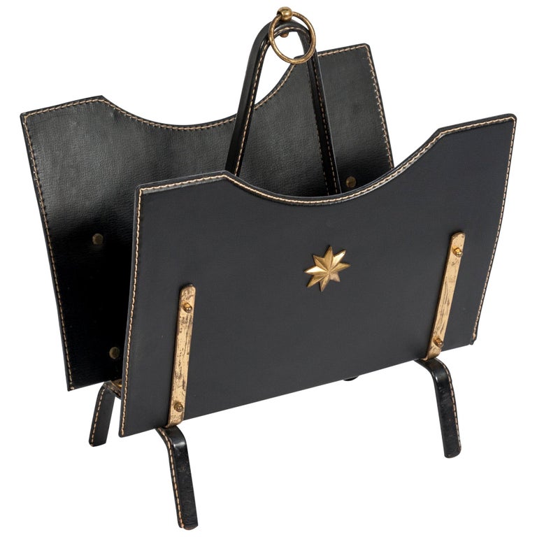 Leather Book Rack Stitched Leather Book Rack by Jacques Adnet For Sale at 1stDibs