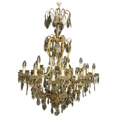 French Large Gilded and Crystal 21 Light Birdcage Antique Chandelier