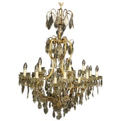 French Large Gilded and Crystal 21 Light Birdcage Antique Chandelier