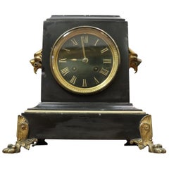 19th Century French Napoleon III Table Clock in Black Marble and Golden Bronze