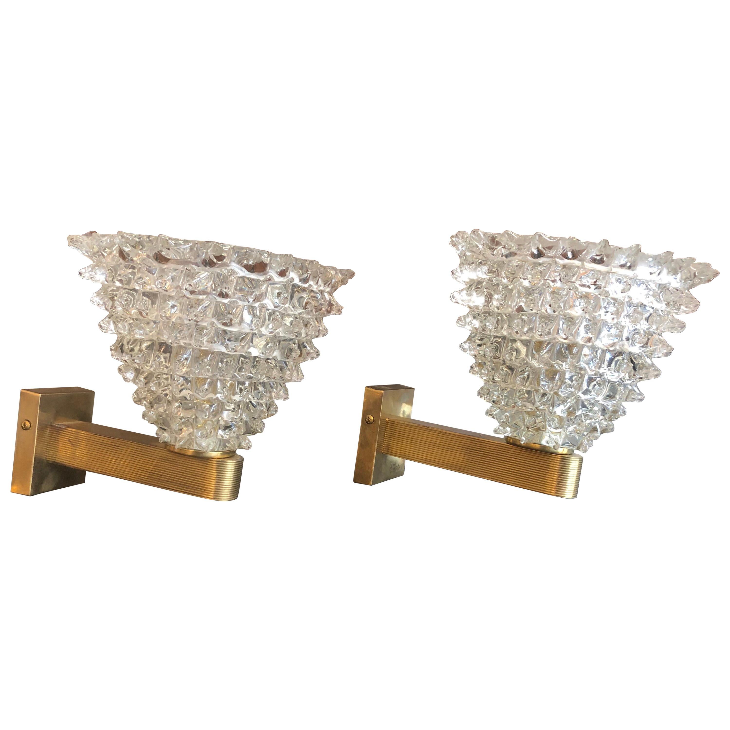Pair of Murano Glass and Brass Rostrato Wall Lights Sconces