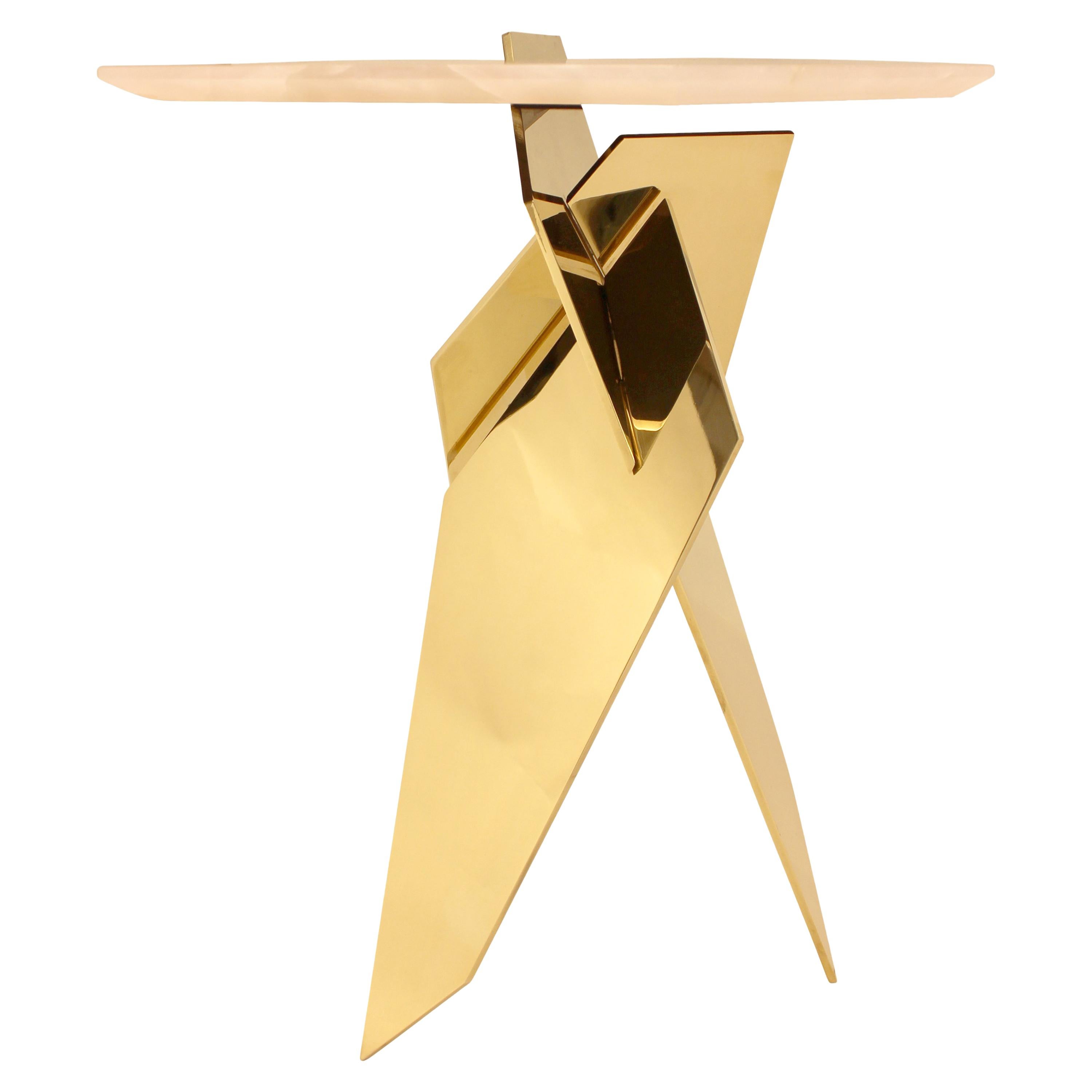 Sculptural Shard Table in Polished Bronze with Pink Onyx Top im Angebot