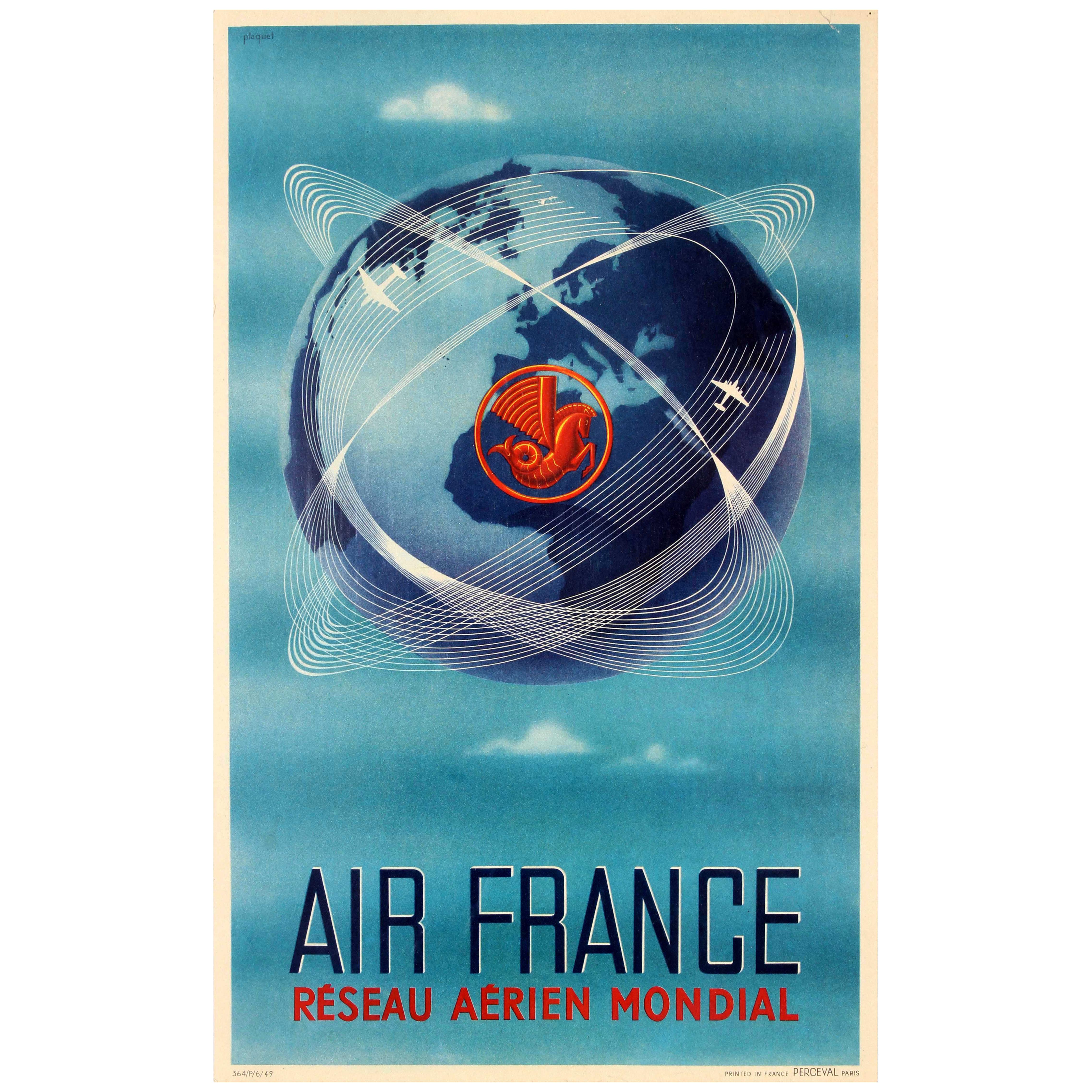 Original Vintage Air France Poster Reseau Aerien Mondial World Air Network Globe