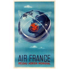 Original Used Air France Poster Reseau Aerien Mondial World Air Network Globe