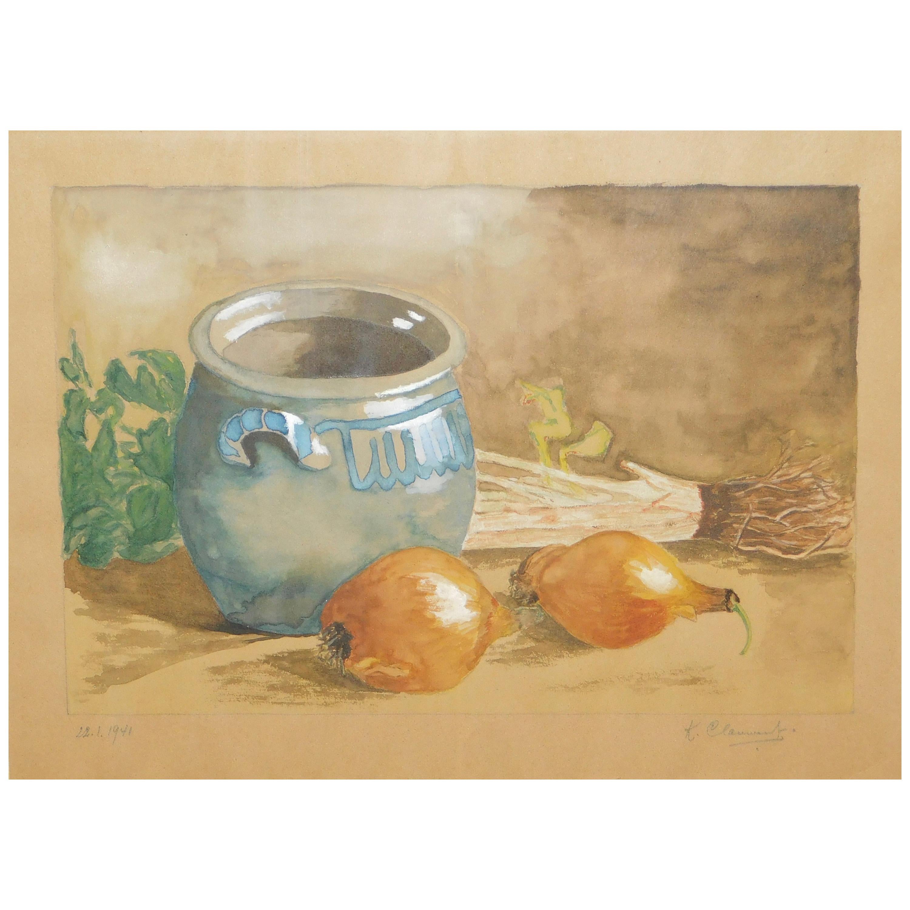 Belgian Still Life Water Color Painting of Vegetables, Dated 1941 For Sale