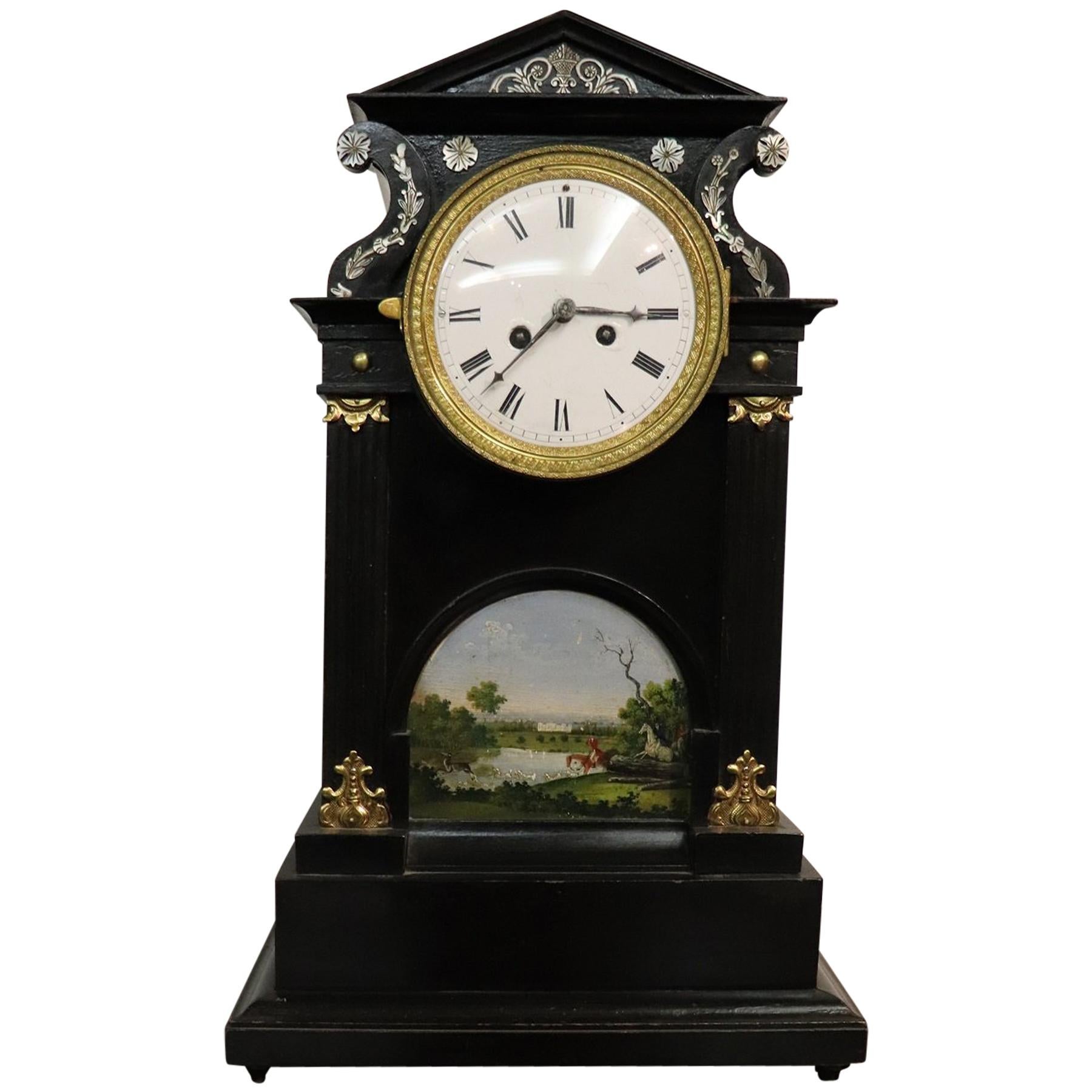 19th Century Inlaid Wood with Miniature Painting Table Clock Pendule