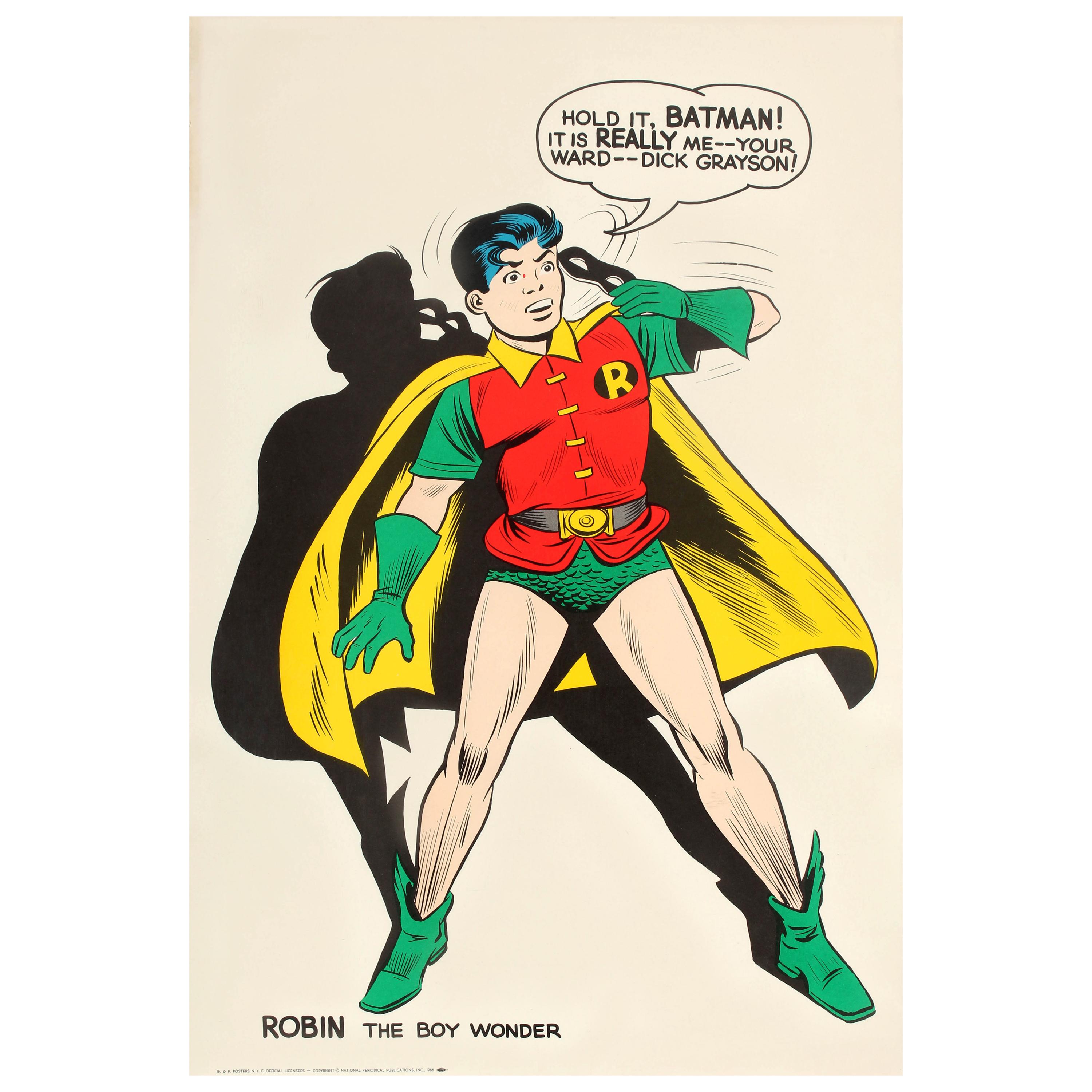 Original Vintage Comic Book Superhero Poster Robin The Boy Wonder Hold It Batman For Sale