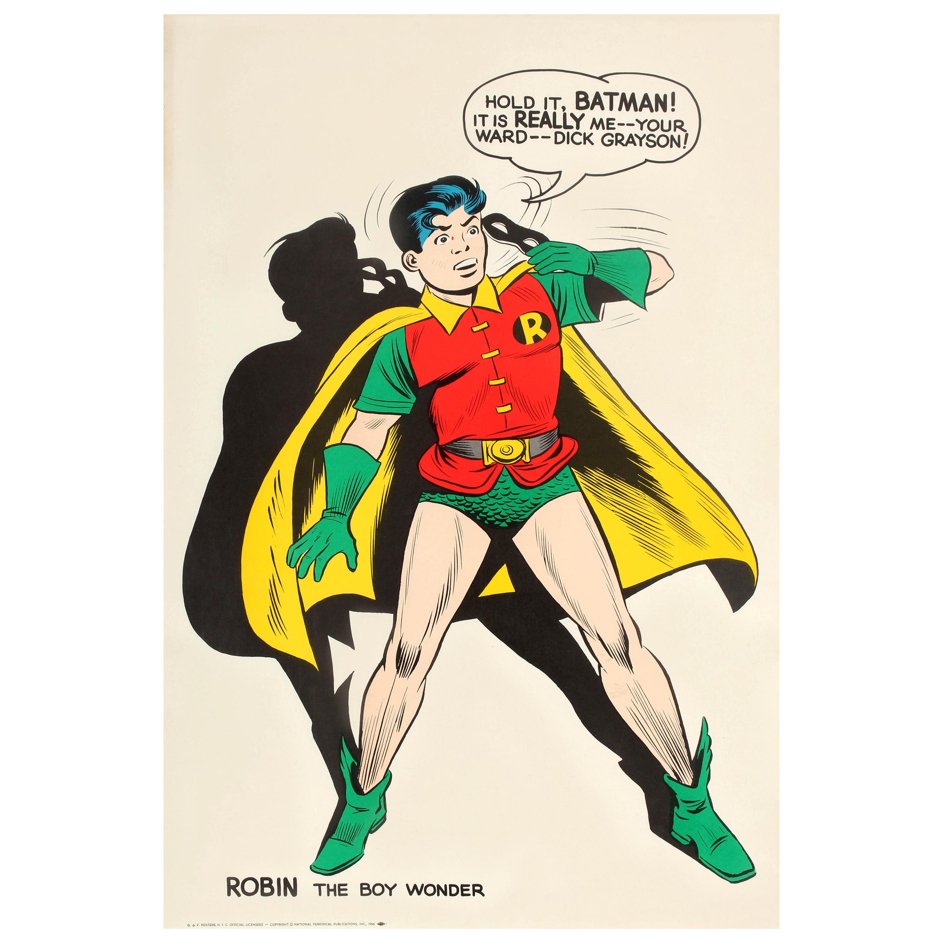 Poster originale del fumetto d'epoca del supereroe Robin, il ragazzo prodigio, fermati Batman
